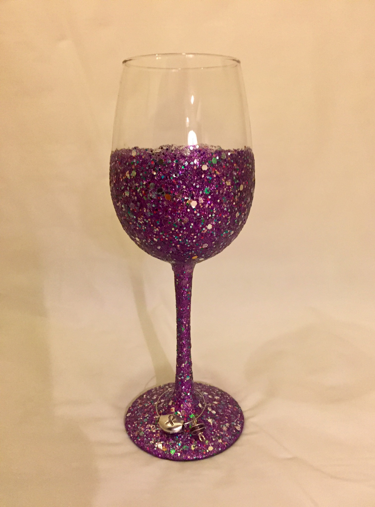 Hand crafted Sparkle Wine Glass Purple w/charm--Made by order