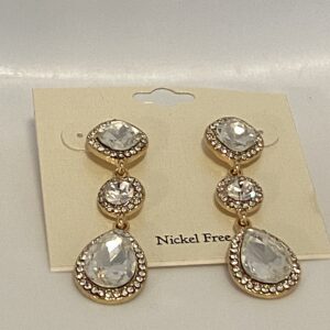 A pair of Diamond & Gold 3 stone drop 2" earrings with crystals on them.
