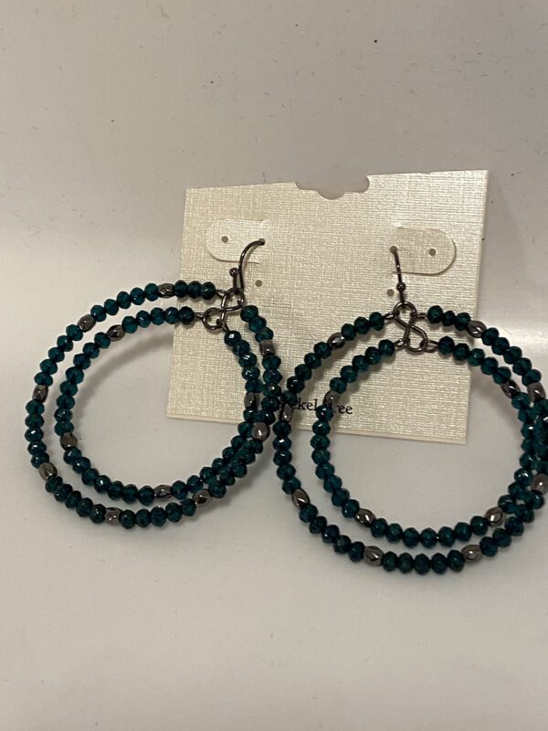 A pair of Emerald & Hematite 2" Double Hoop Earrings with silver beading.