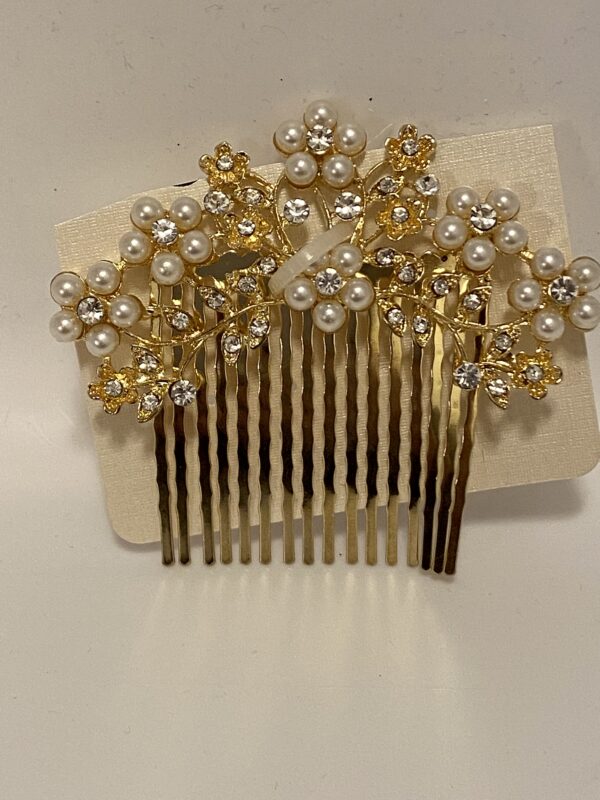 A 2" Gold Comb with Diamond & Pearl Accents with pearls and crystals.