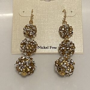 A pair of 2" Gold & Silver 3 Bulb Chandelier Earrings with gold and white beads.