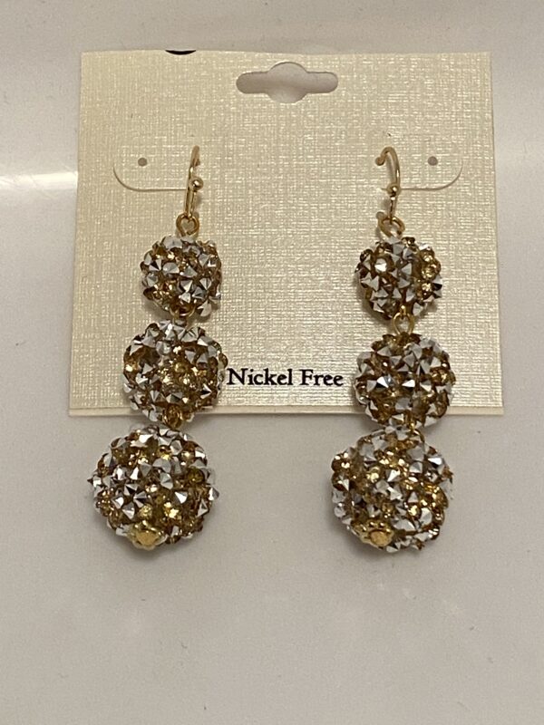 A pair of 2" Gold & Silver 3 Bulb Chandelier Earrings with gold and white beads.