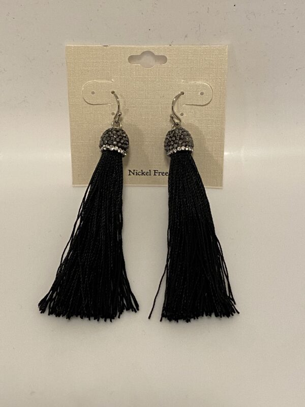 A pair of 3" Smokey Grey Crystal Dome & Black Tassel Chandelier Earrings on a white background.
