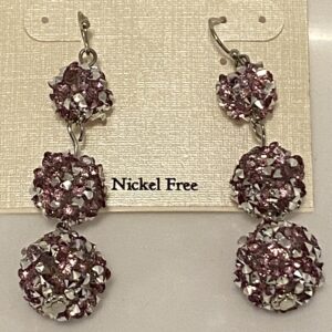 A pair of 2" Pink & Silver 3 Bulb Chandelier Earrings with pink crystals on them.