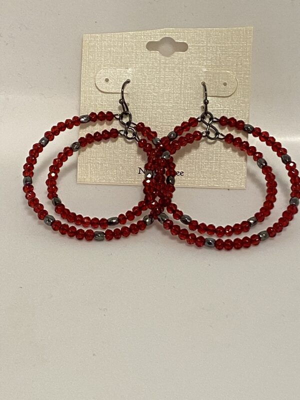 A pair of Ruby & Hematite 2" Double Hoop Earrings with silver beading.