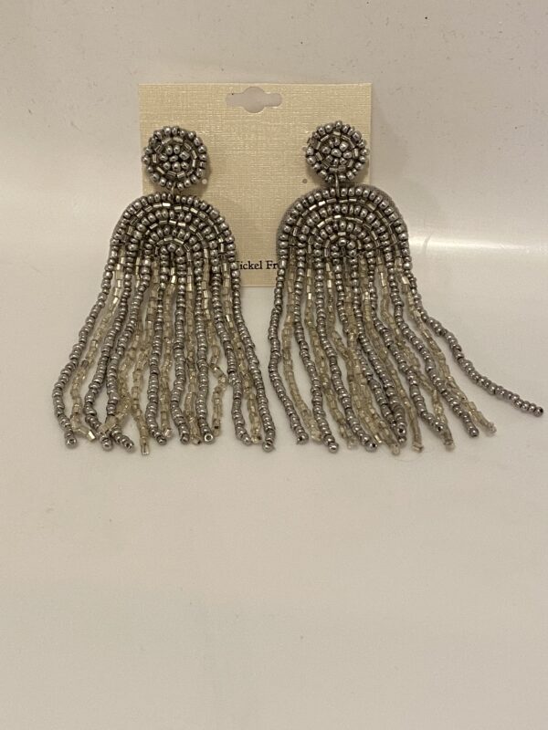A pair of 4" silver seed bead chandelier earrings.