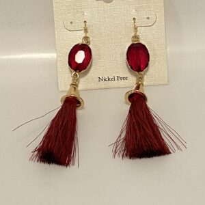 A pair of 3" Ruby Crystal & Christmas Red Tassel Chandelier Earrings on a white background.