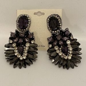 A pair of 3" Tear Drop with Multiple Greys & Diamond stones chandelier earrings with crystals on them.