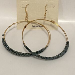A pair of Teal Tint Hematite 2 3/4" Triple Hoop Earrings with black beads.