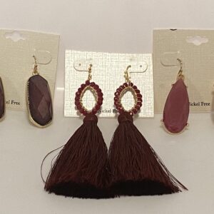 Three pairs of earrings with '23 Christmas In July Shades of Burgundy on them.