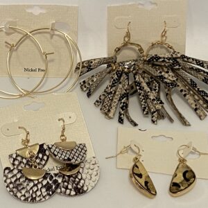 A variety of '23 Christmas In July Animal Prints Galore Set earrings with snakeskin print on them.